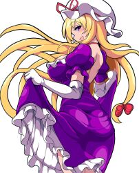 Rule 34 | 1girl, ass, backless dress, backless outfit, blonde hair, breasts, clothes lift, dress, dress lift, elbow gloves, from behind, gloves, highres, large breasts, long hair, looking at viewer, looking back, nioti, purple dress, purple eyes, sideboob, smile, solo, touhou, very long hair, white background, white gloves, white headwear, yakumo yukari
