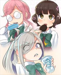 Rule 34 | 3girls, ahoge, asashimo (kancolle), blunt bangs, brain freeze, brown eyes, brown hair, clenched teeth, commentary request, cup, disposable cup, double bun, eating, eyes visible through hair, food, glasses, grey eyes, hair bun, hair over one eye, halterneck, highres, kantai collection, kishinami (kancolle), long sleeves, makigumo (kancolle), mizoki kei, multiple girls, open mouth, pink hair, ponytail, popsicle, round teeth, school uniform, sharp teeth, short hair, silver hair, sleeves past fingers, sleeves past wrists, teeth, twintails, upper body, upper teeth only, wavy hair