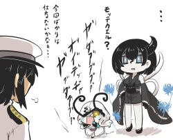 Rule 34 | 1boy, 2girls, abyssal ship, black hair, blue flower, blue spider lily, buried air defense hime, chibi, comic, commentary request, crying, crying with eyes open, detached sleeves, dress, elbow gloves, epaulettes, gloves, goma (gomasamune), hair between eyes, hand on own hip, hat, highres, hood, hood up, horns, japanese clothes, kantai collection, military, military hat, military uniform, multiple girls, night strait princess (black), nontraditional miko, obi, one eye covered, open mouth, outstretched arms, peaked cap, sash, short hair, single horn, skirt, spider lily, tears, translation request, uniform, white hair, wide sleeves, yellow eyes