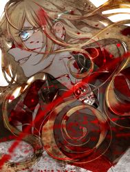 Rule 34 | 1girl, blonde hair, blood, blood in hair, blood on face, blue eyes, colored eyelashes, curly hair, dutch angle, hair between eyes, long hair, lyza (made in abyss), made in abyss, mamaloni, pink lips, solo
