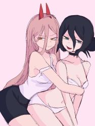 Rule 34 | 2girls, :3, bad source, bike shorts, black bike shorts, black hair, bra, breasts, chainsaw man, choker, cleavage, cowboy shot, demon horns, green eyes, hair between eyes, hibi (dustbinrat), highres, horns, hug, long hair, multiple girls, panties, pink background, pink hair, power (chainsaw man), red eyes, reze (chainsaw man), shirt, simple background, smug, straight hair, symbol-shaped pupils, tongue, tongue out, underwear, underwear only, white bra, white panties, white shirt