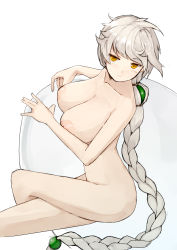 Rule 34 | 10s, 1girl, asymmetrical hair, braid, breasts, collarbone, crossed legs, highres, jitome, kantai collection, large breasts, light smile, long hair, looking at viewer, nipples, nude, pen (pen3), silver hair, single braid, sitting, sketch, solo, unryuu (kancolle), very long hair, yellow eyes
