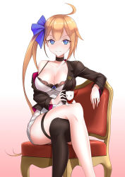 Rule 34 | 1girl, absurdres, ahoge, animal, bare shoulders, black choker, black jacket, black thighhighs, blonde hair, blue eyes, blue ribbon, bra, breasts, choker, cleavage, closed mouth, collarbone, crossed legs, dress, fal (girls&#039; frontline), feet out of frame, ferret, girls&#039; frontline, hair ribbon, highres, jacket, large breasts, legs, long hair, looking at viewer, on chair, ribbon, short dress, simple background, sitting, smile, solo, thigh strap, thighhighs, thighs, underwear, white dress, zijiang