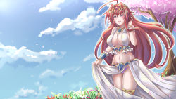 Rule 34 | 1girl, ahoge, arkfield, blue sky, blush, breasts, cherry blossoms, cleavage, cloud, covered erect nipples, flower, high school dxd, jewelry, large breasts, long hair, navel, necklace, outdoors, panties, red hair, rias gremory, sky, smile, solo, tree, underwear