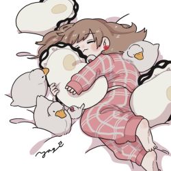 Rule 34 | 1girl, :3, barefoot, bird, brown hair, closed eyes, closed mouth, commentary, duck, full body, highres, java sparrow, long hair, lying, hugging object, on side, original, oyster, pajamas, signature, sleeping, sleeves past wrists, solo, sousa820, white java sparrow