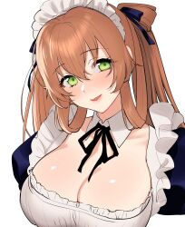 Rule 34 | 1girl, absurdres, blush, breasts, brown hair, cleavage, commentary request, dress, frilled dress, frills, girls&#039; frontline, green eyes, hair between eyes, hair ribbon, hair rings, head tilt, highres, large breasts, long hair, looking at viewer, maid, maid headdress, open mouth, puffy sleeves, ribbon, shoukaki (earthean), simple background, smile, solo, springfield (girls&#039; frontline), upper body, white background