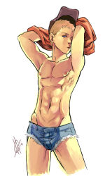 Rule 34 | 1boy, abs, arms up, blonde hair, blue eyes, chipuchipu, cutoffs, denim, denim shorts, hat, looking at viewer, male focus, muscular, nipples, pectorals, scout (tf2), short hair, short shorts, shorts, simple background, solo, team fortress 2, topless male, undressing, white background