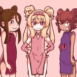 Rule 34 | 3girls, bandaid, bandaid on cheek, bandaid on face, beebz (demon turf), blue eyes, blush, brown eyes, carol (onirism), china dress, chinese clothes, closed mouth, crossover, demon turf, double bun, dress, freckles, hair bun, hairband, highres, little witch nobeta, multiple crossover, multiple girls, nobeta, onirism, pink hairband, red eyes, shino (shinokani), simple background