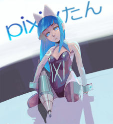 Rule 34 | 1girl, :o, animal ears, armor, bad anatomy, bare shoulders, black leotard, blue eyes, blue hair, blunt bangs, breasts, cat ears, detached collar, dutch angle, full body, guitar (guitars), head tilt, holding, leotard, long hair, looking at viewer, matching hair/eyes, mini person, minigirl, open mouth, pen, pixiv, pixiv-tan, small breasts, solo, straight hair, strapless, strapless leotard, wrist cuffs
