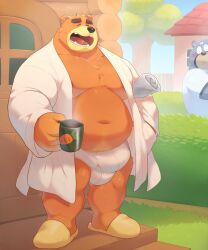 Rule 34 | 2boys, animal crossing, animal ears, bandaid, bandaid on face, bandaid on forehead, bara, bathrobe, bear boy, bear ears, belly, blush, bulge, closed eyes, commentary, crossed bandaids, cup, curt (animal crossing), dogoronumber3, drink, english commentary, fangs, fat, fat man, furry, furry male, hand in pocket, hedge, highres, holding, holding cup, holding drink, house, male focus, male underwear, multiple boys, nintendo, open mouth, robe, rolled up newspaper, shirt, single tear, slippers, steam, teddy (animal crossing), tree, underwear, white male underwear, white robe, white shirt, wide-eyed, yawning, yellow footwear