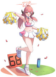 Rule 34 | 1girl, :d, alternate costume, alternate hairstyle, arm up, aru (blue archive), bare legs, blue archive, blush, breasts, cheerleader, cleavage, closed mouth, cocoablue23, commentary request, confetti, full body, halo, highres, holding, holding pom poms, horns, large breasts, leg up, long hair, midriff, millennium cheerleader outfit (blue archive), miniskirt, navel, open mouth, pink hair, pleated skirt, pom pom (cheerleading), pom poms, ponytail, shoes, sidelocks, skirt, smile, sneakers, solo, standing, standing on one leg, stomach, thighs, translation request, v-shaped eyebrows, white background, white footwear, white skirt, yellow eyes