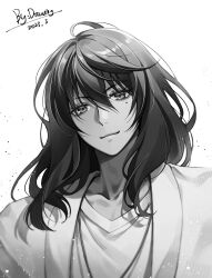 Rule 34 | 1boy, absurdres, artist name, closed mouth, collarbone, commentary, dated, drawing (23518), greyscale, hair between eyes, head tilt, highres, jewelry, light particles, male focus, medium hair, mole, mole under eye, monochrome, munakata souta, necklace, shadow, shirt, signature, simple background, solo, suzume no tojimari, upper body, white background