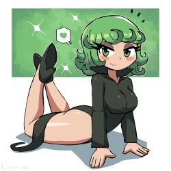 1girl arm_support black_dress black_shoes blush breasts dress green_eyes green_hair heart high_heels legs_up long_sleeves looking_at_viewer lying one-punch_man shoes short_hair side_slit small_breasts smile sparkle speech_bubble spoken_heart tatsumaki thick_thighs thighs tony_welt white_background wide_hips