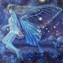 Rule 34 | 1girl, bare shoulders, barefoot, blue theme, breasts, bug, butterfly, butterfly wings, commentary request, detached wings, dress, fireflies, floating hair, flying, full body, highres, insect, insect wings, long hair, night, oil painting (medium), original, outdoors, painting (medium), profile, ringodrawing, see-through, see-through dress, short dress, sky, small breasts, solo, strapless, strapless dress, traditional media, wings