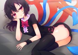 Rule 34 | 1girl, ass, asymmetrical wings, black dress, black hair, blue wings, blush, bow, bowtie, breasts, center frills, dress, frilled dress, frills, hair between eyes, hand on own cheek, hand on own face, head rest, highres, houjuu nue, legs, long hair, lying, medium breasts, on side, open mouth, red bow, red eyes, red wings, short sleeves, skindentation, solo, thighhighs, thighs, tomoe (fdhs5855), touhou, wings