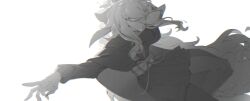 Rule 34 | 1girl, arm behind head, arm up, blank (935115), blurry, bow, cloak, covered eyes, depth of field, falling, feet out of frame, film grain, fingernails, floating hair, from side, greyscale, hair bow, highres, knee up, kuzuda yone, long hair, long sleeves, monochrome, obi, obijime, one-eyed, open mouth, outstretched arm, pale skin, pantyhose, pleated skirt, sash, second-party source, sharp fingernails, sidelighting, simple background, skirt, smile, solo, utau, very long hair, wavy hair