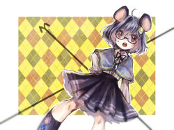 Rule 34 | 1girl, animal ears, argyle, argyle clothes, argyle legwear, bespectacled, capelet, dowsing rod, glasses, grey hair, hand on own hip, highres, jewelry, mouse ears, nazrin, pendant, red eyes, sanso, short hair, solo, touhou
