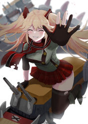 Rule 34 | 1girl, ahoge, azur lane, blonde hair, bluecher (azur lane), cannon, closed eyes, echo (lowlow808), gloves, hair ornament, highres, long hair, miniskirt, outstretched hand, partially fingerless gloves, pleated skirt, riding, rigging, scarf, skirt, smile, thighhighs, white background