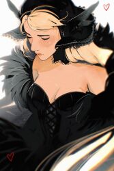 Rule 34 | 1girl, bare shoulders, black dress, black hood, blonde hair, blurry, closed mouth, commentary, cross-laced clothes, crying, depth of field, detached hood, detached sleeves, dress, dungeon meshi, ear covers, elf, floating hair, from above, heart, highres, hollycircling, hood, hood up, long hair, marcille donato, marcille donato (lord), official alternate costume, pointy ears, simple background, solo, spoilers, upper body, very long hair, white background