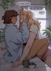 2girls absurdres between_legs blonde_hair blue_shirt blush brown_eyes brown_hair cheek_squash coffee coffee_mug collared_shirt commentary couple cup dark-skinned_female dark_skin dolphin_shorts eye_contact from_side hand_on_another&#039;s_cheek hand_on_another&#039;s_face highres indoors interlocked_fingers jan_(lady_santos) lady_santos long_hair looking_at_another medium_hair mug multiple_girls no_pants on_counter open_clothes open_shirt original panties pink_lips pink_shorts plant potted_plant shirt short_shorts shorts sitting squishing symbol-only_commentary t-shirt thighs underwear valerie_(lady_santos) wavy_hair white_panties white_shirt yuri