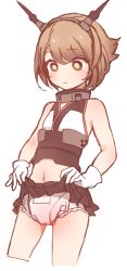 Rule 34 | 10s, 1girl, aged down, bad id, bad pixiv id, bare shoulders, brown hair, clothes lift, diaper, headgear, highres, ikarin, kantai collection, looking down, midriff, miniskirt, monochrome, mutsu (kancolle), name connection, object namesake, sepia, short hair, skirt, skirt lift, solo