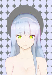 Rule 34 | 1girl, bare shoulders, blue hair, blunt bangs, breasts, cleavage, closed mouth, collarbone, colored eyelashes, girls&#039; frontline, green eyes, hair between eyes, highres, hk416 (girls&#039; frontline), long hair, looking at viewer, medium breasts, nude, simple background, solo, solokitsune