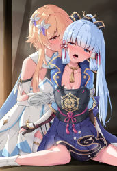 Rule 34 | 2girls, armor, armored dress, artist request, ayaka (genshin impact), bare shoulders, bassa, blonde hair, blue eyes, blush, breastplate, breasts, cleavage, flower, genshin impact, hair flower, hair ornament, hair ribbon, hand under clothes, highres, japanese clothes, long hair, looking at viewer, lumine (genshin impact), multiple girls, open mouth, orange eyes, ponytail, ribbon, shiny skin, short hair with long locks, silver hair, sitting, smile, sweat, tears, textless version, vambraces, very long hair, wariza, yuri