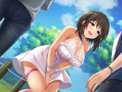 Rule 34 | 1girl, azuki yui, bare legs, bare shoulders, black hair, blue eyes, blush, breasts, covering privates, covering crotch, day, dress, egg vibrator, embarrassed, from below, groin, highres, kyonyuu inaka musume to sugosu ecchi na natsuyasumi, large breasts, legs, medium hair, mountain, nature, no panties, open mouth, outdoors, public indecency, pussy juice, sex toy, smile, solo focus, standing, thigh strap, thighs, trembling, vibrator, wet, white dress