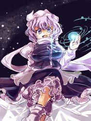 Rule 34 | 1girl, breasts, dress, energy ball, grey eyes, hat, juliet sleeves, large breasts, letty whiterock, light purple hair, long sleeves, looking at viewer, mob cap, namuko, open mouth, puffy sleeves, purple dress, scarf, smile, solo, touhou