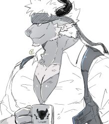 Rule 34 | 1boy, alternate costume, animal ears, bara, chest hair, closed mouth, collared shirt, commentary request, cow ears, cow horns, cup, facial hair, furry, furry male, goatee, headband, highres, holding, holding cup, holster, horns, large pectorals, looking to the side, male focus, minotaur, monochrome, muscular, muscular male, pectoral cleavage, pectorals, shennong (housamo), shirt, short hair, shoulder holster, signature, simple background, smile, solo, tokyo houkago summoners, upper body, white background, yakiemon