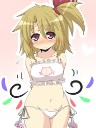 Rule 34 | 1girl, animal print, blonde hair, blush, bra, cat cutout, cat ear panties, cat lingerie, cat print, cleavage cutout, clothing cutout, goma (gomasamune), hair ornament, hair scrunchie, looking at viewer, meme attire, mikoto freesia scarlet (goma), navel, panties, red eyes, scrunchie, shy, side-tie panties, side ponytail, smile, solo, touhou, underwear, underwear only, white bra, white panties, wings