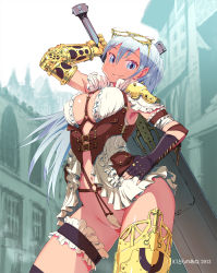 Rule 34 | 10s, 1girl, 2013, bare shoulders, blue eyes, blush, breasts, broadsword, character request, cowboy shot, eyewear on head, fingerless gloves, glasses, gloves, greatsword, hand on own hip, harem gain, highres, huge weapon, large breasts, bridal garter, long hair, mechanical arms, navel, official art, partially visible vulva, revealing clothes, silver hair, single mechanical arm, single thighhigh, smile, solo, sword, thigh strap, thighhighs, underbust, warrior, watermark, weapon, zasha