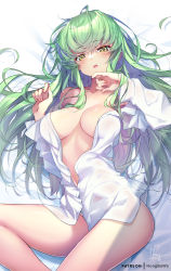 Rule 34 | 1girl, bare shoulders, bed sheet, breasts, c.c., code geass, fingernails, green hair, hong (white spider), long hair, long sleeves, looking at viewer, lying, medium breasts, off-shoulder shirt, off shoulder, on back, open clothes, open mouth, open shirt, patreon username, shirt, signature, solo, teeth, thighs, upper teeth only, white shirt, yellow eyes