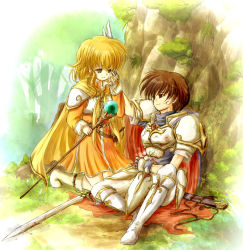 Rule 34 | 1boy, 1girl, armor, bleeding, blonde hair, blood, blood on face, boots, brown eyes, brown hair, cape, cliff, couple, cuts, dress, fire emblem, fire emblem: genealogy of the holy war, gloves, hair ornament, hand on another&#039;s face, hetero, holding stomach, injury, kneeling, leif (fire emblem), nanna (fire emblem), nintendo, red-50869, short hair, sitting, smile, staff, sword, tearing up, tears, weapon, wiping tears