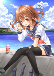 Rule 34 | 10s, 1girl, ai ai gasa, anchor, anchor symbol, between legs, black thighhighs, blouse, blue skirt, blush, brown eyes, brown hair, building, can, cloud, commentary request, concrete, crane (machine), day, fang, fujishima shinnosuke, grey footwear, hair between eyes, hair ornament, hairclip, hand between legs, hand in own hair, hand up, highres, ikazuchi (kancolle), kantai collection, leaning forward, loafers, long sleeves, looking at viewer, neckerchief, on wall, open mouth, outdoors, pleated skirt, red neckerchief, school uniform, serafuku, shirt, shoes, sitting, skirt, sky, sleeve pushed up, solo, sunlight, thighhighs, water, white shirt, wind