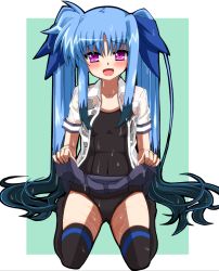 Rule 34 | 1girl, :d, azumaya (miyui001), bad id, bad pixiv id, black one-piece swimsuit, blue hair, blush, bow, clothes lift, hair bow, kneeling, levi the slasher, long hair, looking at viewer, lyrical nanoha, mahou shoujo lyrical nanoha innocent, one-piece swimsuit, open mouth, purple eyes, skirt, skirt lift, smile, swimsuit, thighhighs, twintails, very long hair, wet