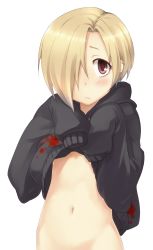 Rule 34 | 1girl, :&lt;, bags under eyes, blonde hair, blush, clothes lift, earrings, hair over one eye, highres, hood, hoodie, idolmaster, idolmaster cinderella girls, jacket, jewelry, looking at viewer, midiman, navel, out-of-frame censoring, red eyes, shirasaka koume, shirt lift, short hair, sleeves past wrists, solo, sweater, transparent background