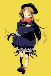 Rule 34 | 1girl, abigail williams (fate), ankle bow, ankle ribbon, black bow, black dress, black footwear, black hat, black ribbon, blonde hair, bloomers, bow, closed eyes, dress, fate/grand order, fate (series), forehead, hair bow, hat, highres, holding, holding stuffed toy, hugging object, imigimuru, leg ribbon, legs, loafers, long hair, long sleeves, orange bow, parted bangs, polka dot, polka dot bow, ribbed dress, ribbon, shoes, simple background, sleeves past fingers, sleeves past wrists, solo, stuffed animal, stuffed toy, teddy bear, underwear, yellow background