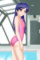 Rule 34 | 1girl, ass, blue hair, blush, brown eyes, competition swimsuit, flat chest, idolmaster, idolmaster (classic), kisaragi chihaya, long hair, looking at viewer, one-piece swimsuit, open mouth, rei no pool, solo, swimsuit, tsukasa susumu