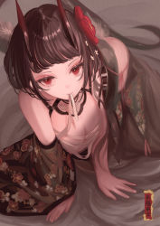 Rule 34 | 1girl, bare shoulders, bed sheet, black hair, breasts, cleavage, closed mouth, copyright request, floral print, flower, hair flower, hair ornament, hemorina, highres, horns, long hair, long sleeves, looking at viewer, medium breasts, mouth hold, oni, red eyes, red flower, sarashi, solo, translation request, wide sleeves