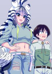 Rule 34 | 1boy, 1girl, animal ears, arm around neck, arms at sides, baseball cap, belt, belt buckle, black hair, blush, breast pocket, breasts, brown hair, buckle, captain (kemono friends), captain (kemono friends 3), casual, chapman&#039;s zebra (kemono friends), collared shirt, constricted pupils, cropped hoodie, denim, drawstring, fishnet pantyhose, fishnets, grey background, grey eyes, groin, hand on another&#039;s shoulder, hand on own hip, hat, unworn hat, unworn headwear, height difference, highres, hood, hood down, hoodie, japari symbol, jeans, kemono friends, kemono friends 3, large breasts, long hair, looking afar, mamiyama, midriff, multicolored hair, navel, nervous, nose blush, open mouth, pants, pantyhose, pocket, shirt, short hair, side-by-side, simple background, smile, stomach, sweat, torn clothes, torn pants, two-tone hair, very long hair, wavy mouth, white hair, wing collar, zebra ears