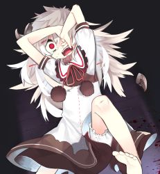 Rule 34 | 1girl, akimaki yuu, bad id, bad twitter id, barefoot, blood, bloomers, broken horn, covering one eye, crying, crying with eyes open, dress, hair ornament, hairclip, highres, horns, long hair, looking at viewer, lying, on back, open mouth, original, pom pom (clothes), puffy short sleeves, puffy sleeves, red eyes, red ribbon, ribbon, saliva, saliva trail, scared, sheep girl, sheep horns, short sleeves, solo, tears, teeth, underwear, white dress, white hair, wooden floor