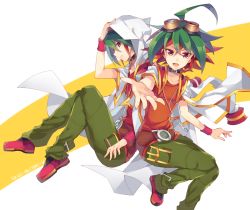 Rule 34 | ahoge, choker, dual persona, dyed bangs, goggles, goggles on head, green hair, green pants, looking at viewer, male focus, multicolored hair, open mouth, outstretched arm, outstretched hand, pants, red eyes, red footwear, red hair, rento (rukeai), sakaki yuya, shoes, short sleeves, smile, spiked hair, star (symbol), title, yu-gi-oh!, yu-gi-oh! arc-v