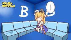 Rule 34 | ..., 1girl, animal, animal on head, arch bishop (ragnarok online), black cat, blonde hair, blue dress, braid, cat, cat on head, chibi, cleavage cutout, closed eyes, closed mouth, clothing cutout, commentary request, couch, cross, dress, fishnet thighhighs, fishnets, french braid, full body, indoors, long hair, on head, pillbox hat, ragnarok masters, ragnarok online, sash, sitting, smile, solo, thighhighs, tomo-graphy, translation request, two-tone dress, white dress, white headwear, white thighhighs, yellow sash