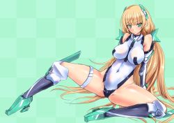 Rule 34 | 1girl, angela balzac, aqua background, aqua eyes, arm support, armor, bare shoulders, blonde hair, boots, breasts, covered navel, elbow gloves, gloves, greaves, headgear, highres, large breasts, leotard, long hair, looking at viewer, rakuen tsuihou, simple background, sitting, solo, spread legs, thigh strap, twintails, uguisu kagura, very long hair