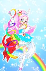 Rule 34 | 1girl, bare shoulders, choker, commentary request, cure parfait, dress, hair ornament, headband, highres, holding, kirakira precure a la mode, long hair, one eye closed, pearl choker, pink hair, precure, rainbow, reira (reomimi0211), solo, strapless, strapless dress, tail, white footwear, white wings, wings