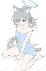 1girl alternate_costume alternate_hairstyle animal_ear_fluff animal_ears bare_arms bare_legs bare_shoulders barefoot between_legs blue_archive blue_camisole blue_eyes blue_shorts blush breasts bright_pupils broken_halo camisole cat_ears cleavage closed_mouth collarbone commentary cross cross_hair_ornament extra_ears grey_hair grey_halo hair_between_eyes hair_intakes hair_ornament halo hand_between_legs highres inverted_cross large_breasts long_hair looking_at_viewer mismatched_pupils ponytail shiroko_(blue_archive) shiroko_terror_(blue_archive) shorts simple_background sitting sketch_background solo strap_slip t1kosewad thighs toes very_long_hair wariza white_background white_pupils wolf_ears wolf_girl