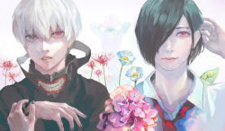Rule 34 | 1girl, 2boys, black hair, black nails, black shirt, closed mouth, collared shirt, commentary request, flower, flower request, grey hair, hair over one eye, hand up, hands up, highres, holding, holding flower, kaneki ken, kirishima touka, kyuuba melo, looking at viewer, multiple boys, nagachika hideyoshi, nail polish, necktie, parted lips, portrait, red eyes, red flower, red necktie, shirt, short hair, smile, spider lily, teeth, teeth print, tokyo ghoul, white flower