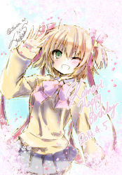 Rule 34 | 1girl, ;d, arm up, bad id, bad pixiv id, blonde hair, blush, bow, brown hair, character name, cherry blossoms, cowboy shot, dated, green eyes, hair ribbon, happy birthday, kamikita komari, little busters!, long sleeves, looking at viewer, one eye closed, open mouth, petals, pink bow, plant, pleated skirt, ribbon, school uniform, short hair, signature, skirt, smile, solo, standing, tree, twintails, wink, yuihira asu