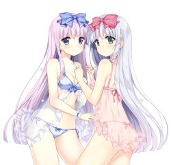 Rule 34 | 10s, 2girls, :o, airi (alice or alice), alice or alice, ass, babydoll, back, bare shoulders, blue babydoll, blue bow, blue panties, bow, bow panties, breasts, cleavage, closed mouth, collarbone, commentary request, fingernails, flower, green eyes, hair bow, hair flower, hair ornament, holding hands, interlocked fingers, loading (verjuice), long hair, medium breasts, multiple girls, panties, parted lips, pink babydoll, pink panties, purple eyes, purple hair, red bow, rise (alice or alice), see-through, siblings, side-tie panties, silver hair, simple background, sisters, small breasts, smile, transparent background, twins, underwear, underwear only, very long hair, white background, white flower, wrist cuffs